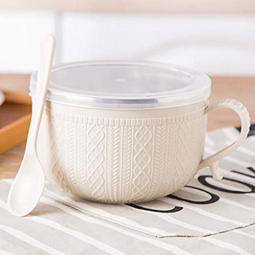 Tazón de fideos instantáneos con tapa y asa, recipiente de acero inoxidable, cuenco de arroz, doble aislamiento, utensilios para el hogar (14 x 9,5 cm, beige)