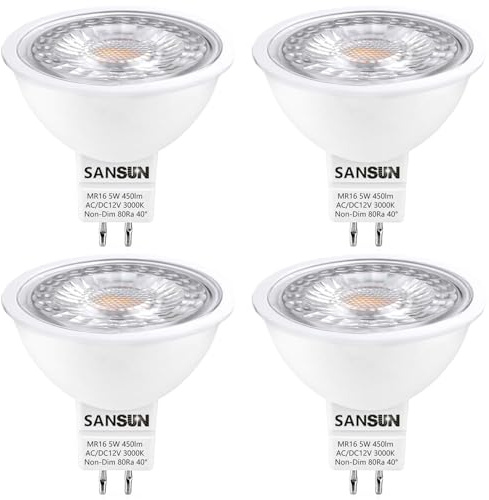 SANSUN 5W MR16 LED Landscape Light Bulbs, Low Voltage 12V Outdoor Landscape Spotlight and Indoor Track Light, GU5.3 Bi-Pin Base, Soft White 3000K, Non-Dimmable, (Pack of 4)