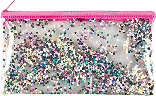 JMS we create smile - Holographic Glitter Foil Quicksand Transparent Pencil Case Zipper Pen Bag Stationery Organizer (Pink Heart Glitter Pouch)