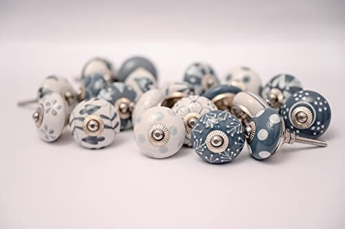 PUSHPACRAFTS 20 Hochwertige Keramik-Türgriffe - 20 Keramik knöpfe kanuf in Grau und Weiß, gemischte Designs, Schranktürknöpfe, Schubladengriffe (20)