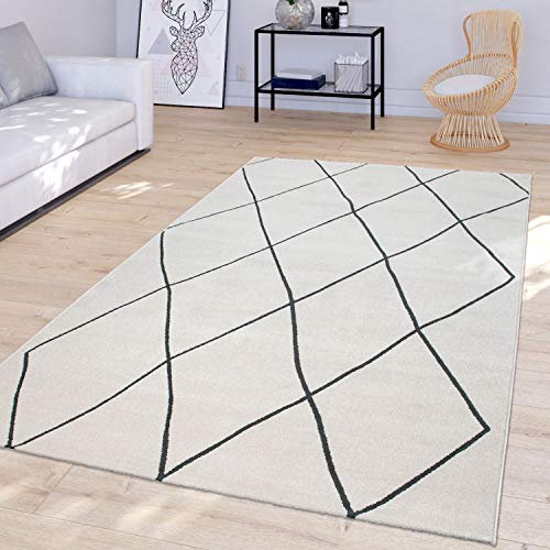 TT Home Wohnzimmer Teppich Mit Skandi Rauten Design Moderner Kurzflor, Hell In Weiß, Größe:80x150 cm