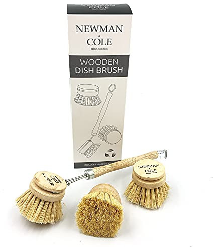 Wooden Dish Brush Natural Bristle Eco Cleaning Dish Brush Wood Handle for Washing Up Includes 2 x Replacement Head by Newman and Cole (1 x Dish Brush Set)