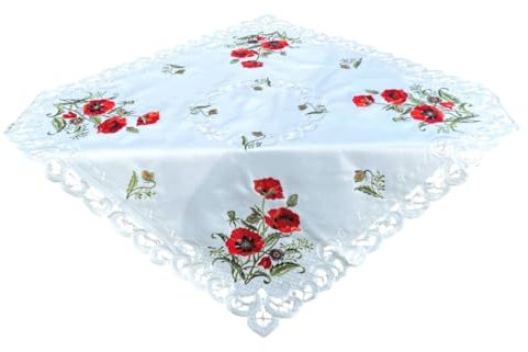 Tischdecke Roter Klatschmohn Stickerei Tischläufer Oval Polyester Creme weiß (85x85 cm)