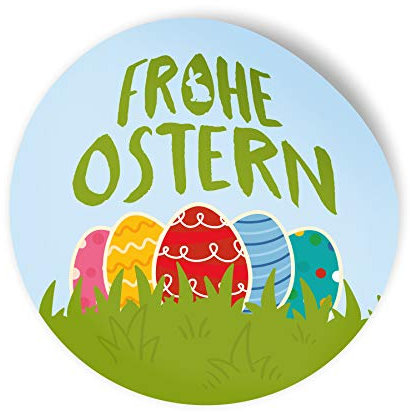 24x itenga Frohe Ostern Aufkleber Sticker Etiketten Osterreier bunt kräftige Farben rund 4cm