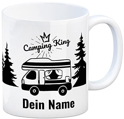 Camping King oder Queen - eine personalisierte Campingwagen Tasse für Camper und Kaffeetrinker auf Campingplatz individualisiert mit deinem Namen und Campervan oder Zelt für echte Dauercamper