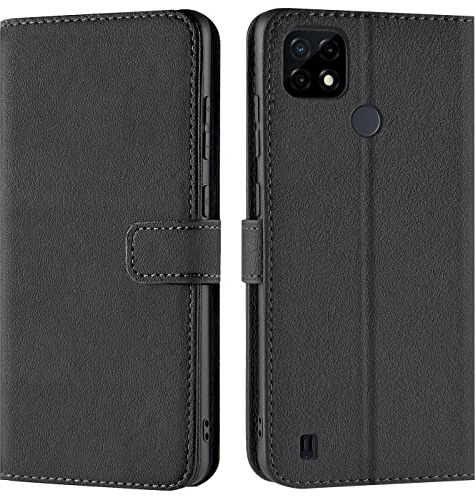 Verco Handyhülle für Realme C21 Hülle, Bookcase Tasche Flipcover für Realme C21 Case [Kartenfächer/Aufstellfunktion], Schwarz