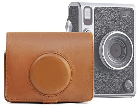 Kimyoaee Mini Evo Camera Case for Fujifilm Instax Mini Evo Instant Camera Accessories Protective PU Leather Carrying Bag with Adjustable Shoulder Strap (Brown)