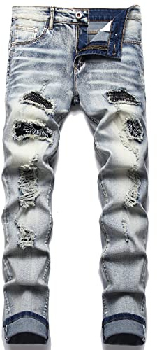 OIIIO Men's Patch Ripped Stretch Regular Fit Jean, Vintage Blue-6605, 40