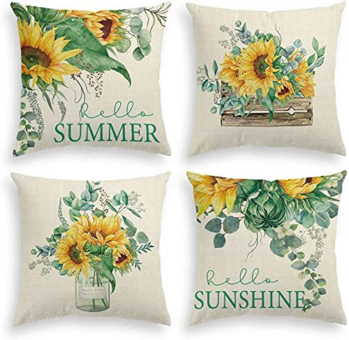 LOMOHOO Summer Pillow Covers 18x18 Set of 4 Farmhouse Outdoor Decor Pilowcase Daisy Bloom Floral Blue Pillows Decorative Throw Pillows Home Decorations (45x45cm, Sunflower)