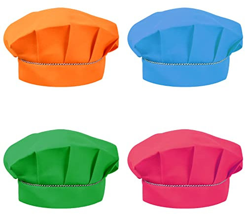 Catime 4 Pcs Gorro Chef Niños 3-13 Años, Elástico Gorros de Cocinero Profesional Niño Niña, Transpirable Infantil Sombrero Cocina para Cocinar Pintura Barbacoa Hornear (Multicolor)