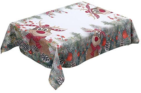 Tischdecke Weihnachten Rote grüne Weihnachtstischdecke 80x120 cm aus Leinenmaterial Abwaschbar | Verblasst Nicht | Rentier (Rudolph mit der roten Nase) Weihnachtsdekoration Tischdecke