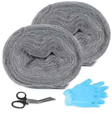 lalago 2PCs *4.6M/100g Stahlwolle Gegen Mäuse, Stahlwolle fein 0000 gegen Nagetier, Stahl Wolle, Löcher Wand Risse Mausefalle Mäuseabwehr mit Arbeitshandschuhen Schere für Haus, Garage und Garten