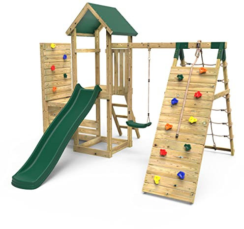Rebo® Wooden Climbing Frame with Vertical Rock Wall, Swing Set and Slide - Bear | OutdoorToys | Kids' Outdoor Wooden Garden Play Equipment, Children's Jungle Gym