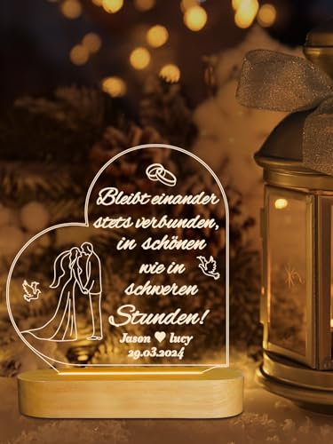 Ammonite Personalisierte Hochzeitsgeschenke für Brautpaar, Anpassen Nachtlicht warmes weißes Licht hölzerne Sockellampen, Geschenke Schlafzimmer Dekoration
