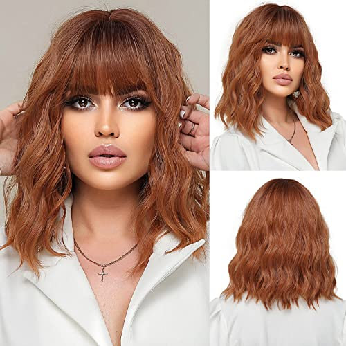 OUFEI Auburn Perücke mit Pony Lockige Perücken für Frauen Kurze Gewellte Perücken Synthetisches Haar Hitzebeständige Perücken für Tägliche Party Cosplay Tragen