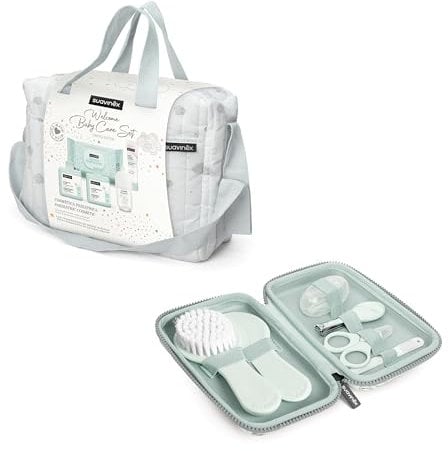 Suavinex, Bolso Carro Bebé con Cosmética y Set Manicura para Recién Nacido. Incluye Gel Syndet, Pomada Pañal, Baby Cologne, Toallitas, Cepillo Peine, Lima, Cortauñas, Cepillo Dental, Verde