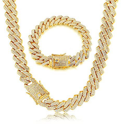 Roheafer Cuban Link Chain Iced Out for Men 14MM Miami Cuban Link Choker Necklace Bracelet 18K Gold Plated Bling Diamond Chain Bracelet Hip Hop Jewelry for Men Women
