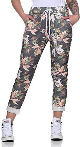 MATY FASHION Damen Freizeithose Moderne Jogginghose Relax Pants Boyfriend mit Kordelzug 43 (Floral Schwarz)
