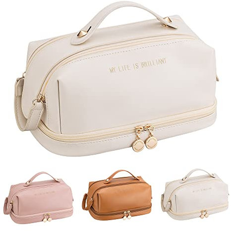 Kosmetiktasche mit großer Kapazität, doppellagig, Reise-Make-up-Tasche, PU, tragbar, wasserdicht, Kulturbeutel für Damen und Mädchen, weiß