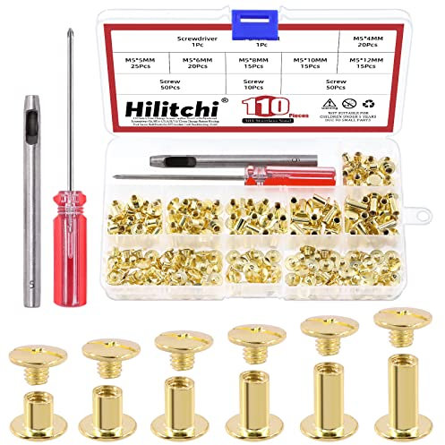 Hilitchi 110 juegos de tornillos dorados Chicago con cabeza plana, remaches de cuero, tornillos redondos de acero al carbono, remaches de clavos, remaches de cuero, remaches con herramienta de
