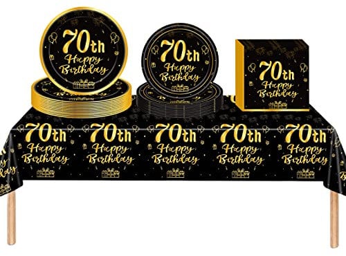 53Pcs Black Gold Happy 70th Birthday Party Tableware Plastic Table Cloth,7,9inch Paper Plates,Napkins for Man Birthday Table Decorations Disposable Party Tableware Set for Him Men Birthday Party