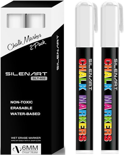 SILENART Weiße Flüssigkreide-Marker – Kreidemarker weiß – trocken abwischbare Marker – für Kreidetafel-Schilder, Fenster, Tafel, Glas – 3–6 mm Keilspitze, 3 mm feine Spitze