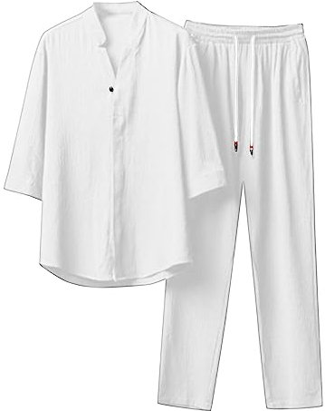 Mens Summer Track Suits 2 Piece Set Summer Beach Long Sleeve Casual Button-Down Shirts with Sleeve Tabs Pants Outfits Travel Outfits Gym Sets White