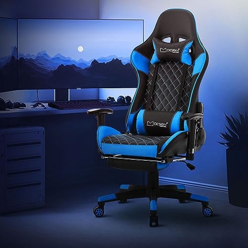 ML-Design Gaming Stuhl mit Fußstütze, Blau, Kunstleder, Ergonomischer Bürostuhl mit Armlehne, Kopfstütze, Lendenkissen, Drehstuhl verstellbar, Hohe Rückenlehne, Racing Gamer Stuhl Schreibtischstuhl