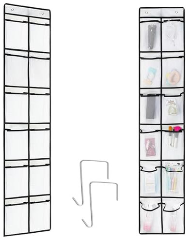 Yxmohala Étagère suspendue, organiseur de porte, rangement suspendu, sac de rangement avec 12 poches et 2 crochets en métal, pour chambre d'enfant, salle de bain, salon, caravane, blanc, 1 pièce