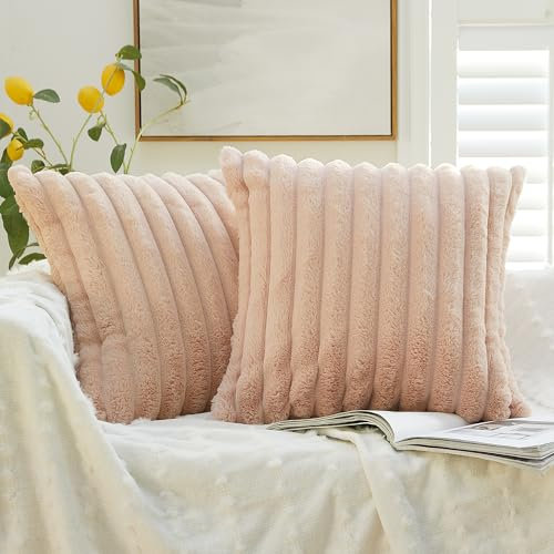 YEPINS 2er Set Plüsch Kissenbezüge, Flauschig Künstlich Pelz Dekorativ Gestreift Kissenbezug, Sofa Dekokissen Kissenhülle Zierkissenbezüge für Schlafzimmer Wohnzimmer Balkon Dekor (40x40cm, Rosa)