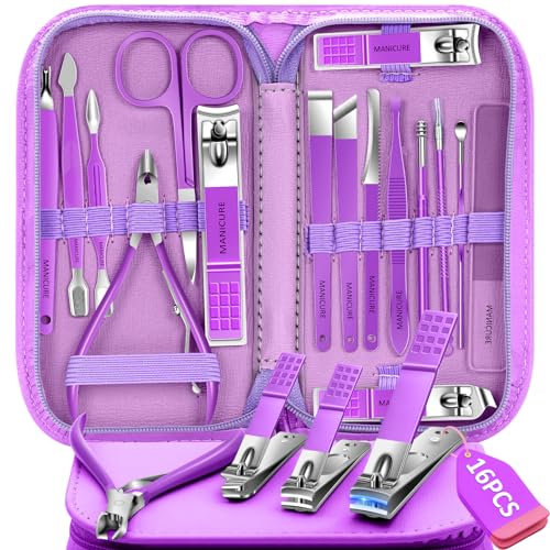 Maniküre-Pediküre-Set - 16 Teiliges Nagelschere Set Professionelle Nagelset Maniküreset, Nagelpflege-Set Idee für Männer Frauen mit Nageletui Lila