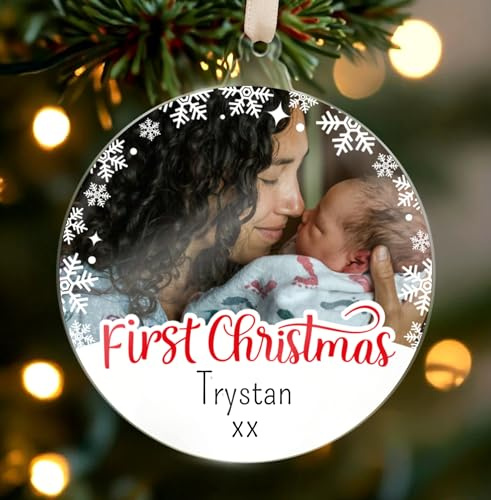 1 Personalised Christmas Xmas Festive Upload Your Own Photo First Baby Childrens Family Couple Just Married Acrylic Bauble Tree Gift Decoration Present 80mm PTS Personalised