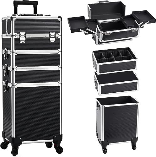 4 in 1 Makeup Trolley on Wheels Vanity Case Makeup Case Organiser Storage Hairdressing Trolley Nail Technician Polish Organiser Box Black