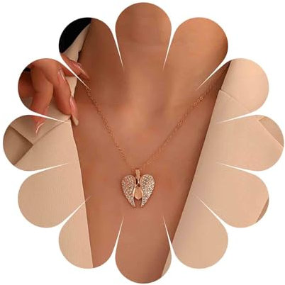 Inilbran Boho Crystal Angel Wing Choker Necklace - Gold Rhinestone Angel Wing Heart Pendant Necklace for Women and Girls