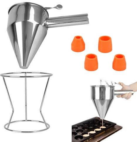 Stainless Steel Funnel Octopus Balls Tools 1.2 L Pancake Batter Dispenser with Rack Funnel Cake Desserts Maker Confectionery Funnel Jam Desserts Funnel with 4 Silicone Nozzles for Kitchen Bakery Use