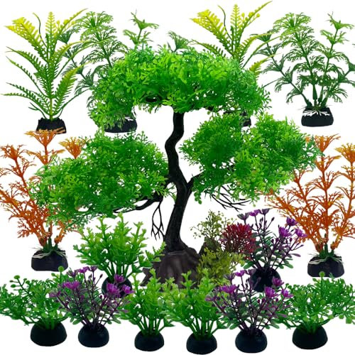 Vibury Décoration D'aquarium Les Arbres, 16 Pièces Vert Plantes Artificielle Aquarium Deco, Terrarium Plante Décoration pour Aquarium