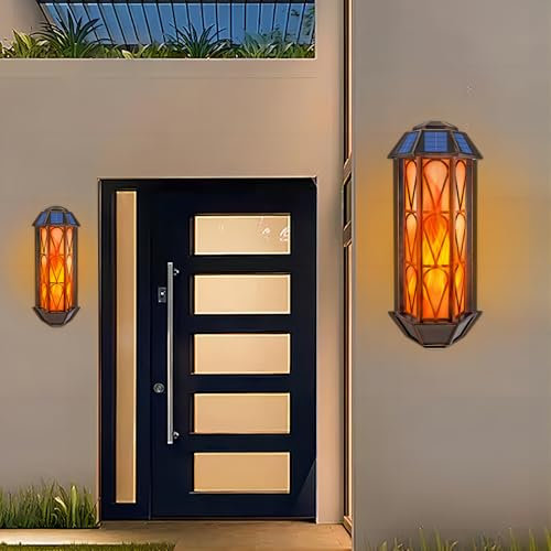 Solarlampen für Außen, 2 Stück Solar Wandleuchte Aussen Vintage Solarleuchten Garten Solar LED Aussenleuchten IP44 Wasserdichte Wand Solarlampe für Garten, 2 Lichtmodi Flammenmodus & Beleuchtungsmodus