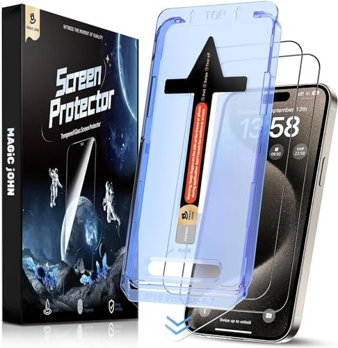 MAGIC JOHN 2 Stück für iPhone 15 Pro Max für Panzerglas(6,7 Zoll), Auto-Dust-Eliminierung, 9H Härte Folie, Ultra-Klar Displayschutzfolie, Bläschenfrei, Einfache Installation