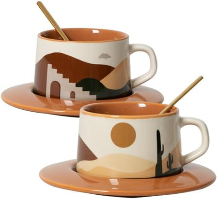SHENDONG Ceramic Coffee Mug,Cup & Saucer Sets,Novely Tea Cup with Spoon,Creative Oasis Series Espresso Mug,250ml Coffee Cup for Cappuccino Latte Mocha,Gifts for Women,Men and Friends (Desert+Cactus)