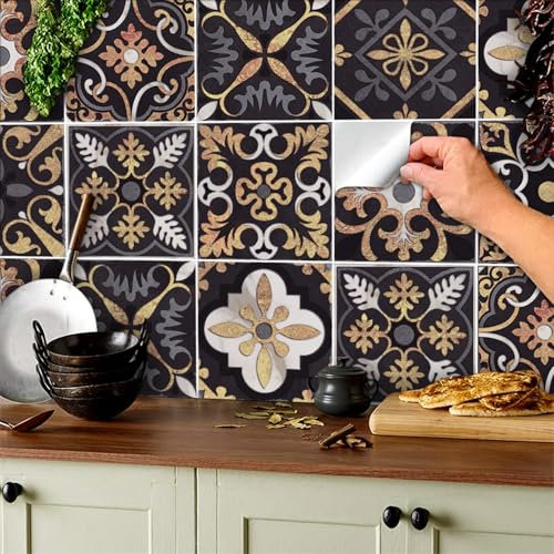 TOARTi 15cm(6) 18 pcs Moroccan Tile Stickers for Kitchen,Black Gold Tile Stickers for Bathroom Self Adhesive,Stairs Tile Sticker,Wall Tiles Stick on Wall Waterproof Oil-Proof Vintage Mosaic Art