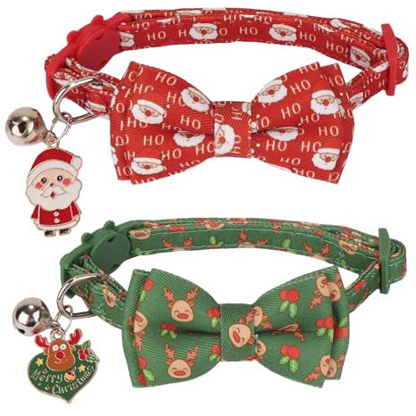ADOGGYGO Weihnachtskatzenhalsband mit abnehmbarer Schleife, 2 Stück, rot, grün, Weihnachtsmann Rentier, Weihnachts-Halsbänder für Katze und Kätzchen