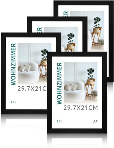 Din A4 Holz Bilderrahmen Schwarz 4er-Set, Modernes Design Holzbilderrahmen, Hochwertige Qualität Fotorahmen für Fotos, Kunstwerke und Zertifikate, Deko und Geschenkidee (21 x 29,7 cm)