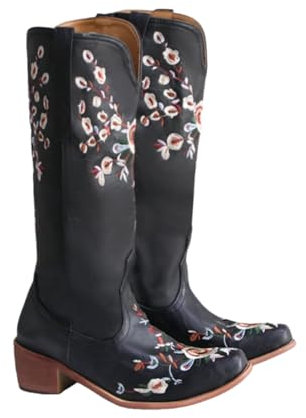 Xytraiihw Stivali da Cowboy con Gamba Lunga Donna, Stivali con Ricamo E Tacco A Blocco Stivali Invernali Autunnali Stivali Cavaliere Tacco Medio Stivali Cowboy Slip on Polpaccio Largo,Nero,36 EU