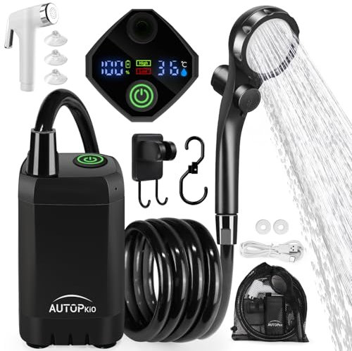AUTOPkio Ducha Portatil Camping, Duchas al Aire Libre Acampada con Mejorada 6000mAh Bomba Batería Recargable, Pantalla Digital Inteligent para Senderismo, Baño, Lavado Autos (Negro)