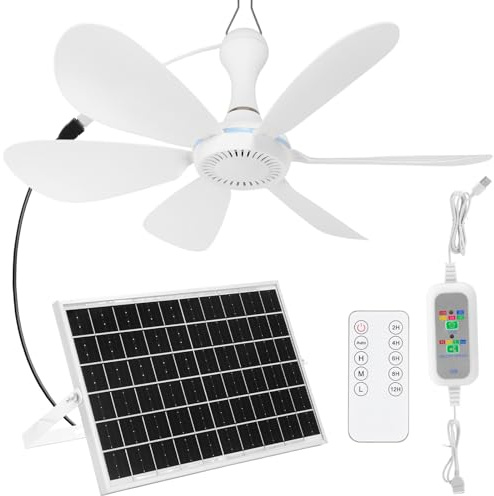 Tujoe Solar-Deckenventilator-Set, 41,5 cm, 15 W, monokristallines Solarpanel, USB-Hänge-Deckenventilator mit Fernbedienung, Timing, kleines Panel-Set für Terrasse, Camping, Zelt, Hühnerstall