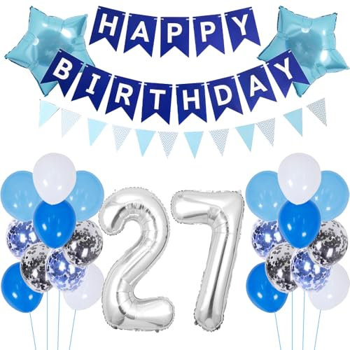 ZWWsullo Luftballon 27 Geburtstag Deko Junge Blau Dekoration Silber Geburtstagsdeko 27 Jahre ballon silber blau tortendeko Folienballon Geburtstagsdeko PartyDeko Luftballon Geburtstag Jungen