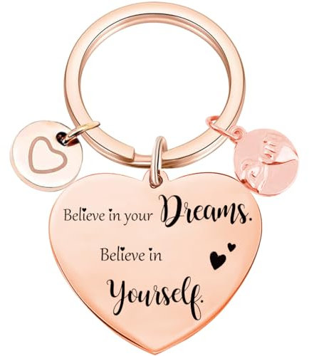 Tecreo Inspirational Heart Keychain, Rose Gold, 'Believe in Your Dreams' Motivational Message with Charms, Motivational Gift for Girls, Birthday Gift, Graduation Gift
