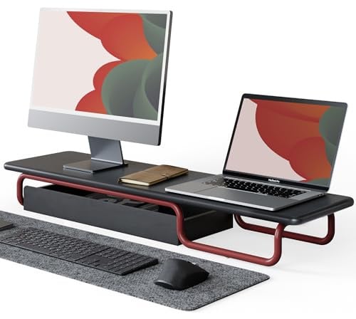 Fenge Support Ecran PC, 95cm, Chêne Métal, Ordinateur Moniteur TV, Noir | 2 Appareils, Tiroir, Charge 50kg, Sans Montage, Pastilles Antidérap., Design Esthétique, Organiseur, Écran Bureau Maison