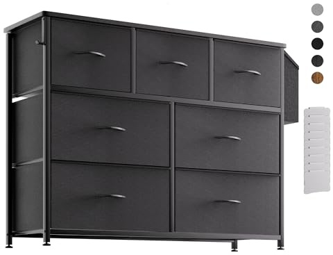 PURFINO Fabric Chest of Drawers - Canvas Storage Unit with 7 Drawers | Label Cards, Side Pocket & Hook for Living Room, Hallway, Bedroom