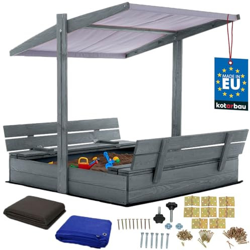 KOTARBAU® Sandkasten mit Abdeckung 120 x 120 cm Großer Grau Holzsandkasten mit Grau Dach Sandkasten mit Deckel Sandkasten mit Dach Gartenspielzeug Kinder imprägniert verschließbar mit Bänken